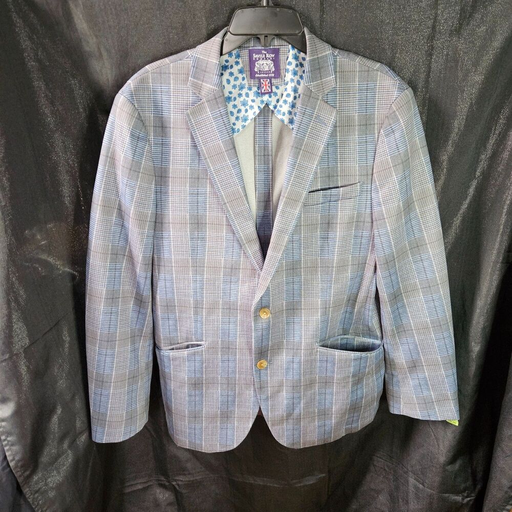 Savile Row Men’s Plaid Blazer Sport Coat Blue Gray Check Classic 42R
